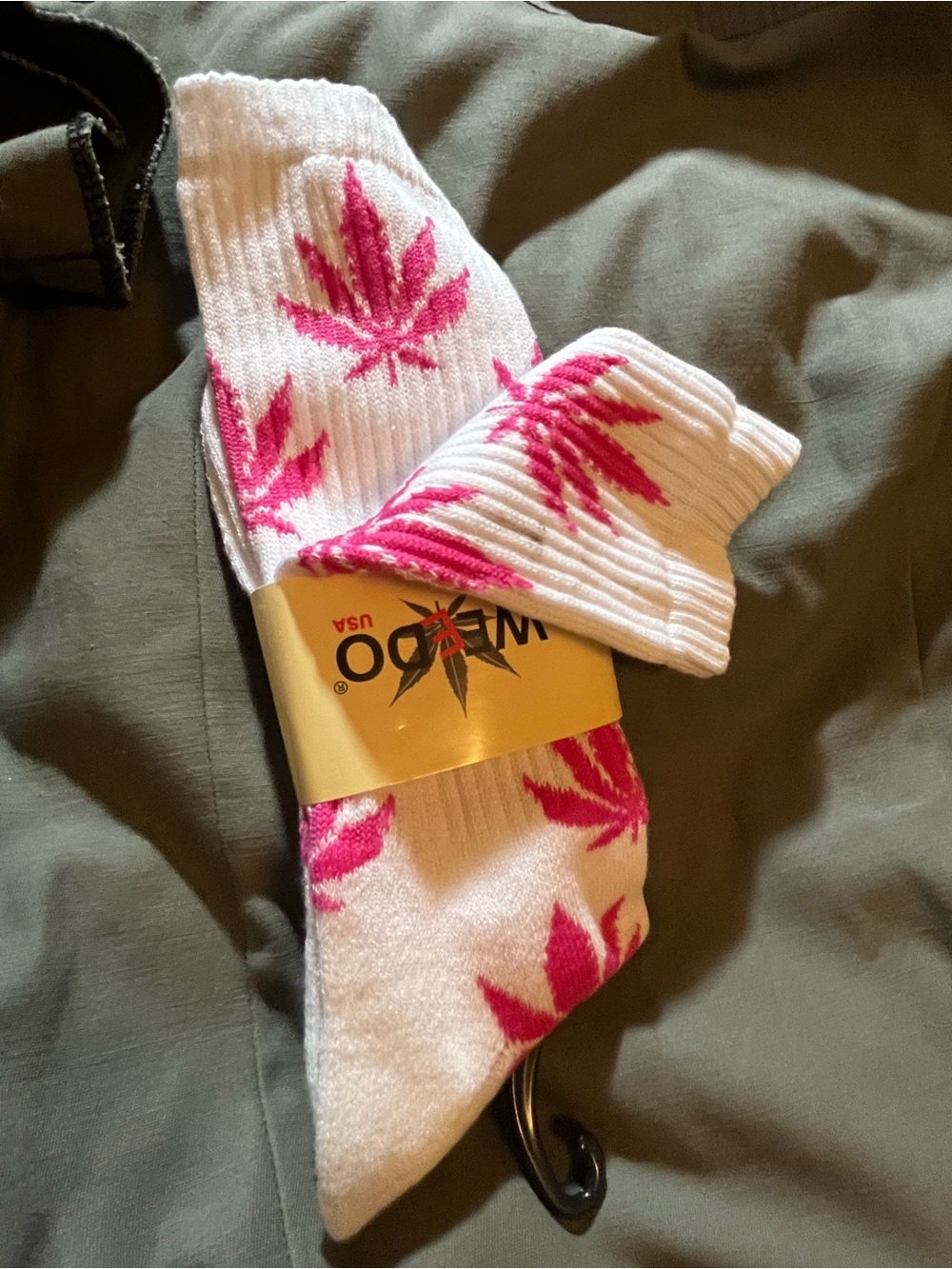 Men's White Crew Socks with Pink Leaf Pattern by WKND
